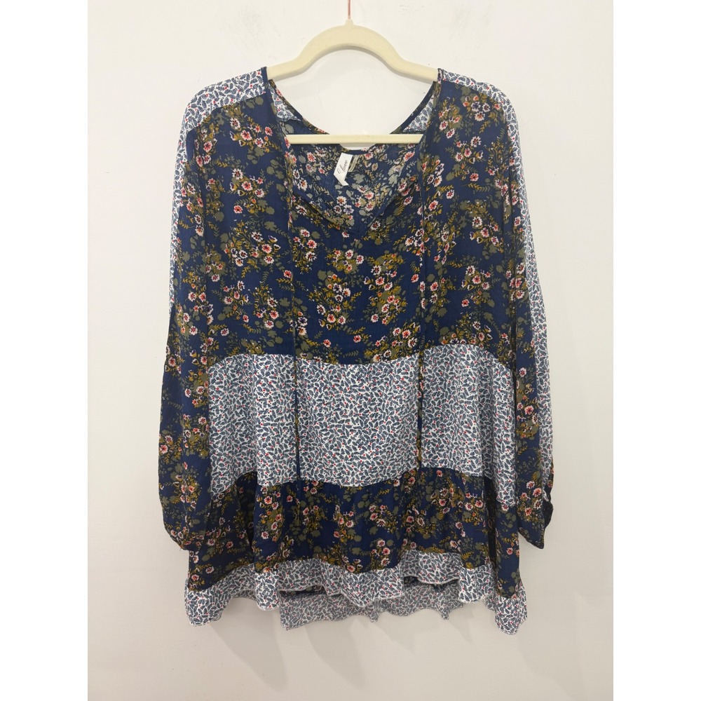 L Love Mixed Floral Patchwork Tiered Tunic Top Navy Blue Boho Keyhole Medium